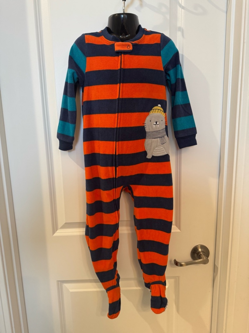 Carters Striped Orange & Navy Seal Footed One-Piece